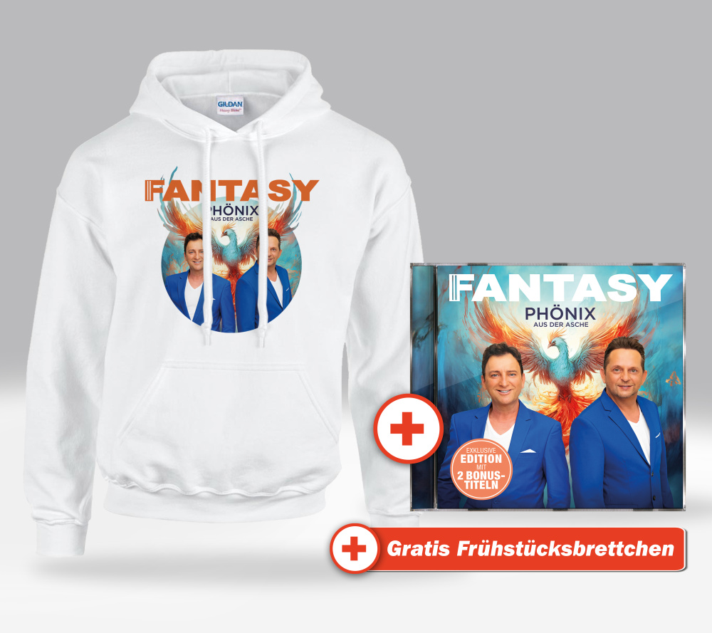 Phönix aus der Asche Fan-Set Kapuzenpulli weiß + CD + GRATIS Frühstücksbrettchen